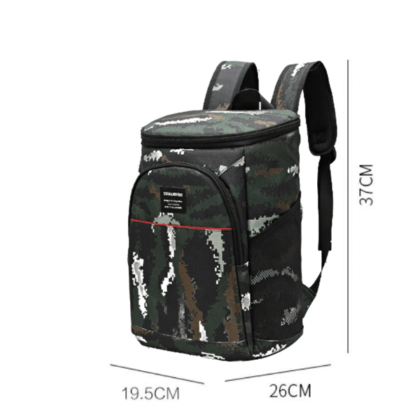 Sac à dos isotherme camouflage, dimensions 19.5 cm x 26 cm x 37 cm, idéal pour garder vos boissons et aliments au frais lors de vos sorties.