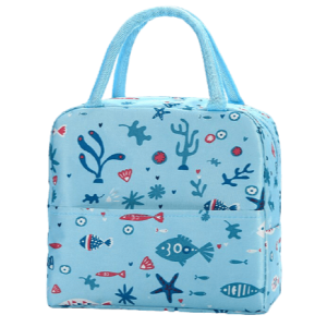 sac isotherme bleu avec motifs marins, idéal pour conserver les aliments et boissons au frais, doté de poignées pratiques pour un transport facile.