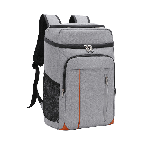 sac à dos isotherme gris avec poches extérieures et anses rembourrées, idéal pour le transport de nourriture et de boissons fraîches