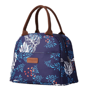 Sac isotherme à motifs floraux, design moderne, idéal pour le transport de repas et boissons, avec poignées robustes et compartiment spacieux.