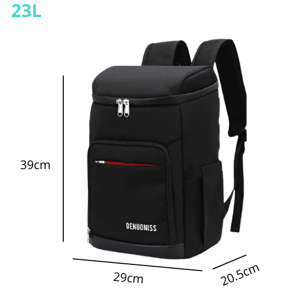 Sac à dos isotherme de 23L, dimensions 39cm x 29cm x 20.5cm, conçu pour garder vos aliments et boissons à la bonne température, avec poches pratiques et design moderne.