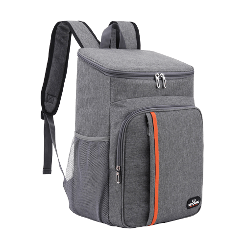 Sac à dos isotherme gris avec compartiment principal zippé, poche frontale et filet latéral pour bouteille.