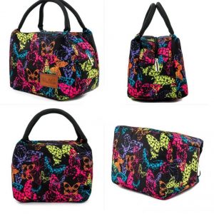 sac isotherme coloré avec motif de papillons, idéal pour conserver les aliments au frais, avec poignées et fermeture éclair, design pratique et esthétique