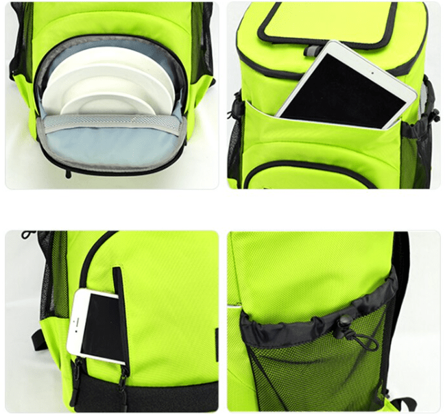 Sac isotherme vert fluo avec compartiment pour assiettes, poche pour tablette et espace pour téléphone, idéal pour les pique-niques et les sorties.