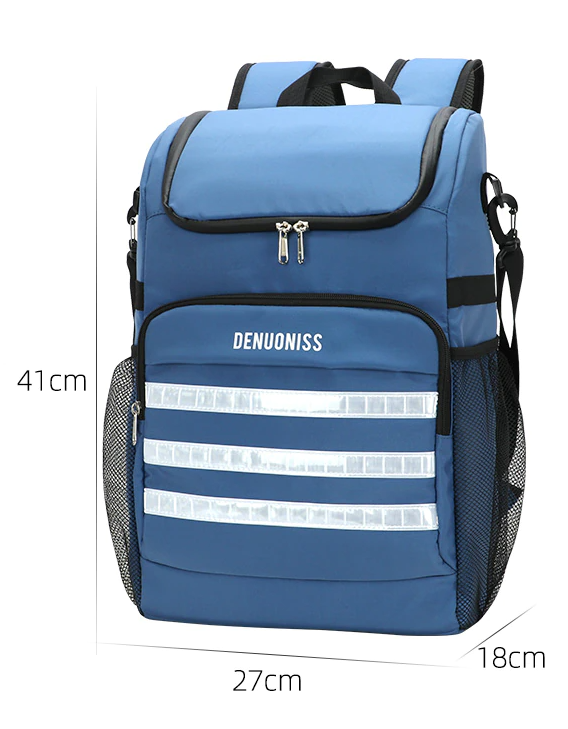 Sac à dos isotherme bleu avec bandes réfléchissantes, dimensions 41 cm x 27 cm x 18 cm, idéal pour le transport de nourriture et de boissons.