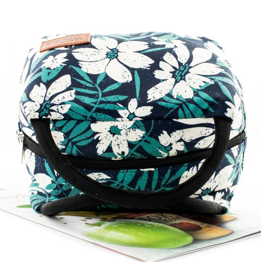 Sac isotherme à fleurs avec fermeture éclair et poignées, idéal pour garder les aliments et boissons au frais.
