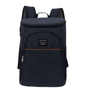 Sac à dos isotherme en tissu noir, conçu pour maintenir la température des aliments et des boissons, avec une poche avant zippée et des bretelles ajustables pour un transport confortable.