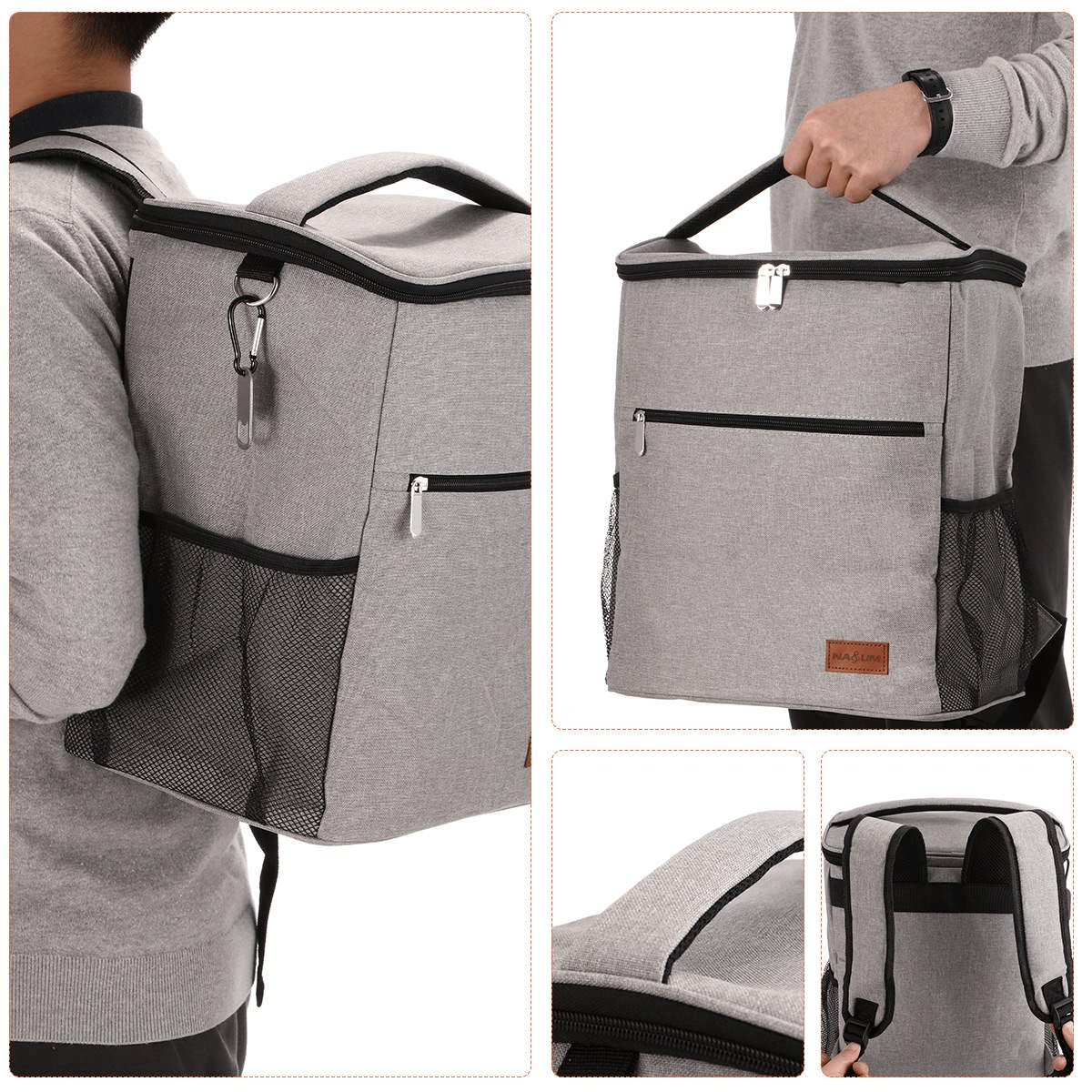 Sac isotherme en tissu gris, avec une poignée de transport, une fermeture éclair, et des poches en mesh pour un rangement pratique. Idéal pour les pique-niques et les sorties en plein air.