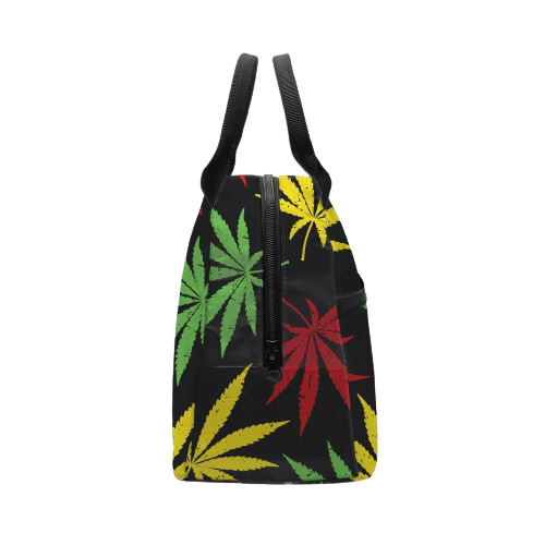 sac isotherme avec un motif de feuilles de cannabis en rouge, jaune et vert, idéal pour garder les boissons et aliments au frais, avec une fermeture éclair et des poignées pratiques.