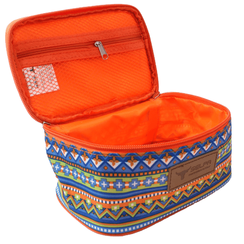 sac isotherme coloré avec motif géométrique, intérieur orange, fermeture éclair, idéal pour conserver les aliments au frais