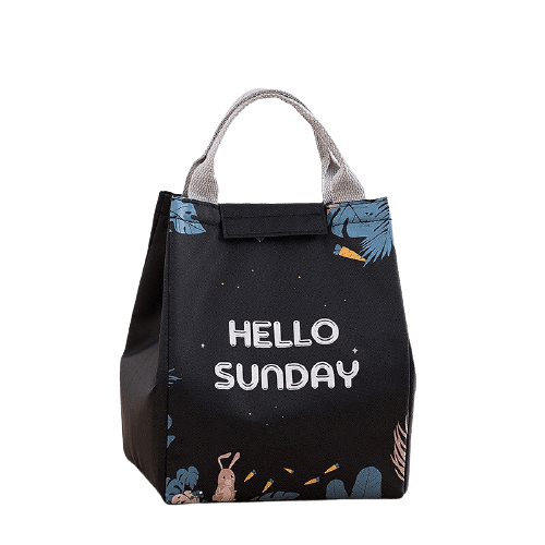 sac isotherme noir avec le texte Hello Sunday et des motifs colorés de plantes et d'animaux, idéal pour transporter des repas et des boissons au frais
