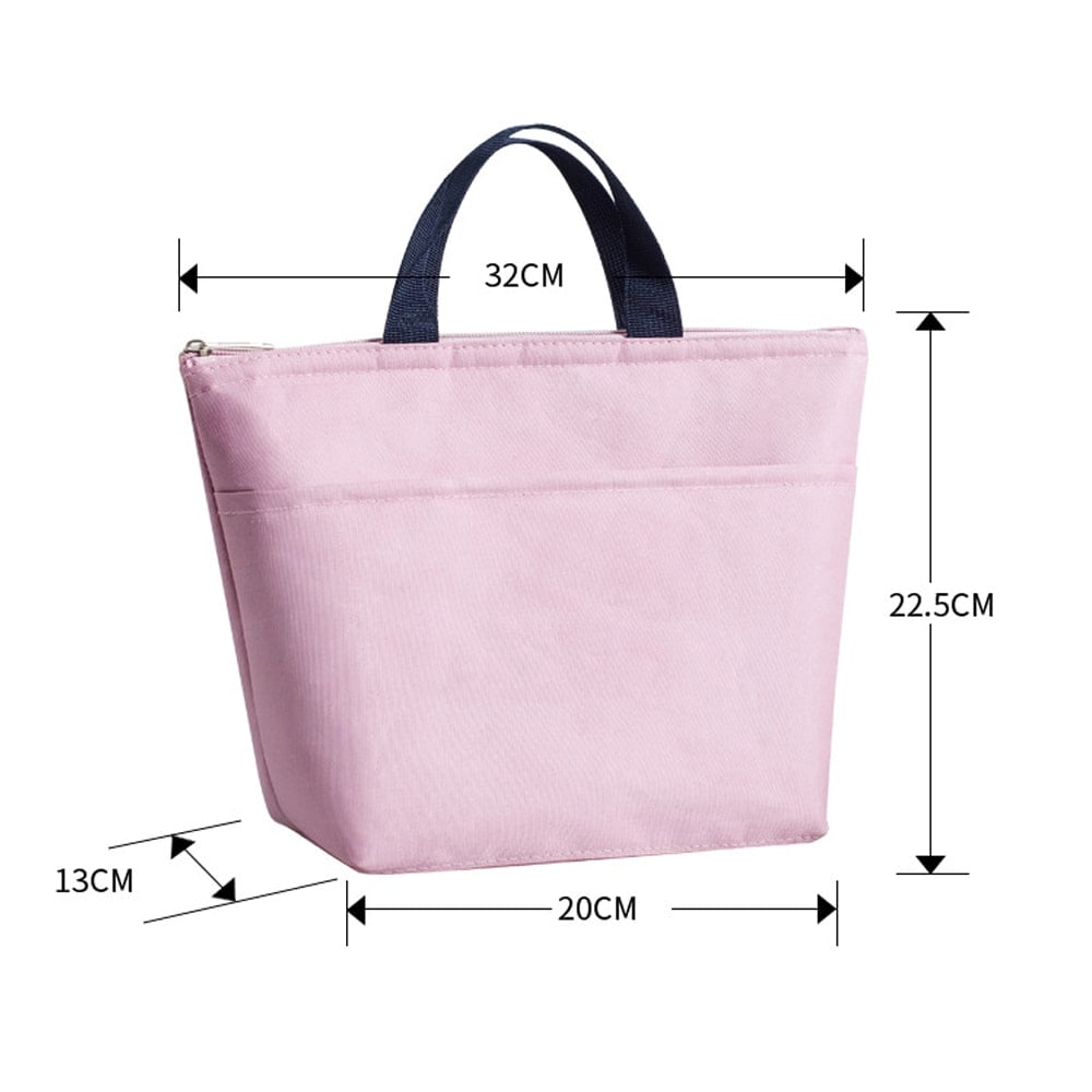 Sac isotherme rose avec dimensions de 32 cm de largeur, 22,5 cm de hauteur et 20 cm de profondeur, équipé de poignées pour un transport facile.