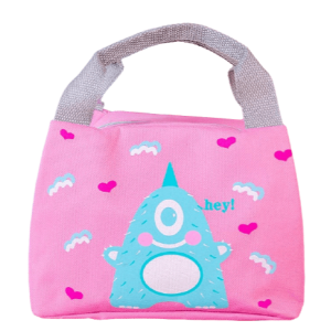 Sac isotherme rose avec motif de monstre mignon et anses grises, idéal pour le transport de repas et de boissons.