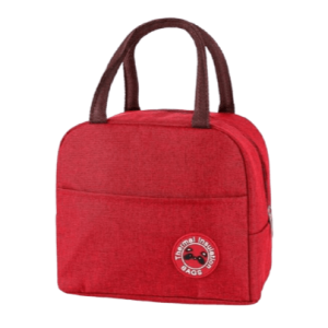 sac isotherme rouge avec poignées et poche avant, idéal pour le transport de nourriture et de boissons, design pratique et élégant