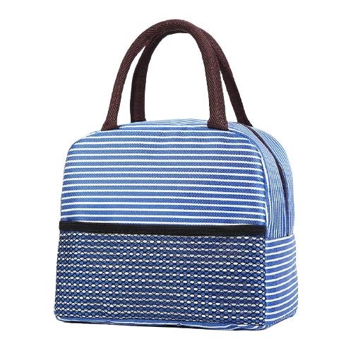 sac isotherme à rayures bleues avec poignées marron et poche avant en filet, idéal pour conserver les aliments et boissons au frais