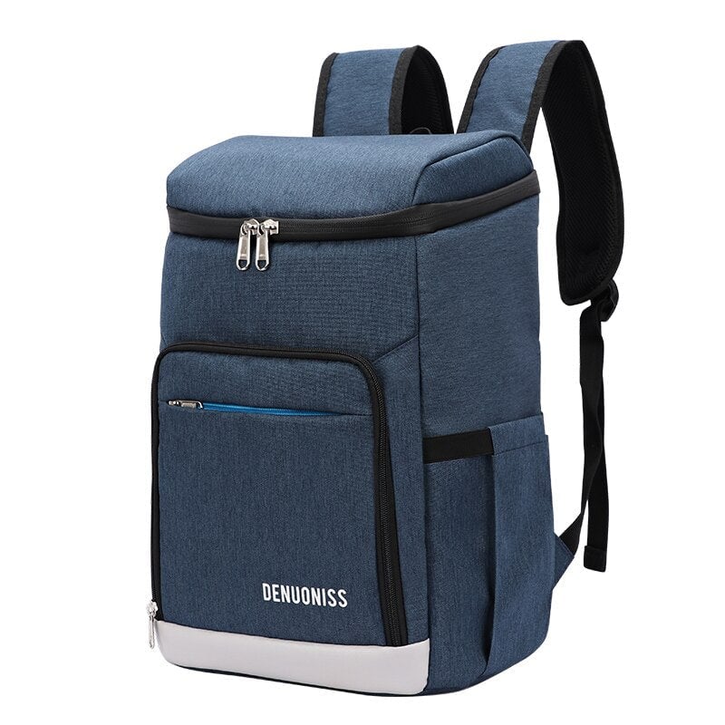 Sac à dos isotherme en tissu bleu avec fermeture éclair, compartiment principal spacieux et poche avant zippée pour un rangement pratique.