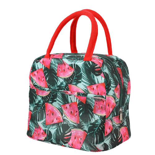 Sac isotherme à motifs de pastèques et feuillages, avec poignées rouges et zip avant pour un rangement pratique.