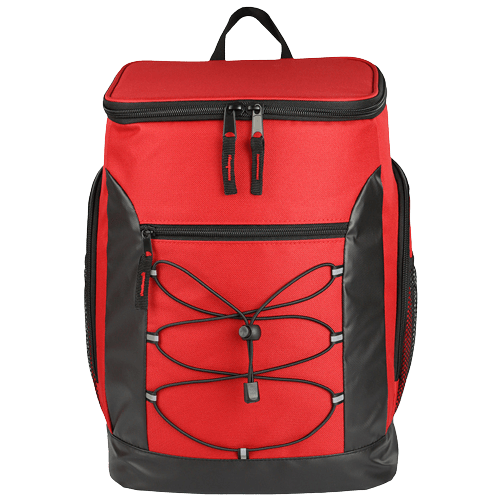 sac à dos isotherme rouge avec fermeture éclair, poches latérales et cordon de serrage à l'avant, idéal pour le transport de repas et boissons au frais