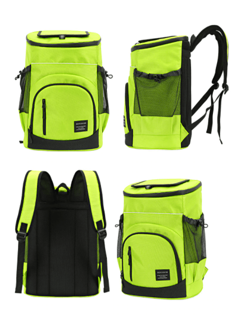 Sac à dos isotherme en couleur jaune fluo, conçu pour garder les aliments et boissons à température, avec plusieurs poches de rangement et des bretelles rembourrées pour un confort optimal.