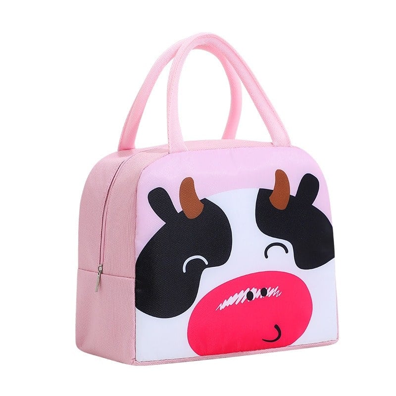 sac isotherme rose avec motif de vache, idéal pour garder les aliments et boissons au frais, avec poignées pratiques et fermeture éclair.