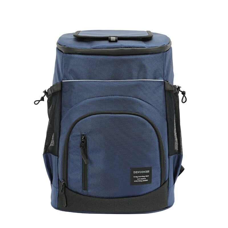 Sac à dos isotherme bleu, idéal pour garder les aliments et boissons au frais, avec plusieurs compartiments de rangement et des poches en mesh.