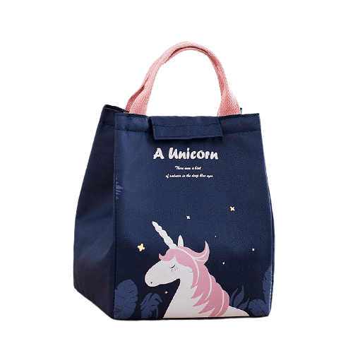 sac isotherme bleu marine avec motif de licorne et anses roses, idéal pour le transport des aliments et boissons, design ludique et pratique pour les enfants