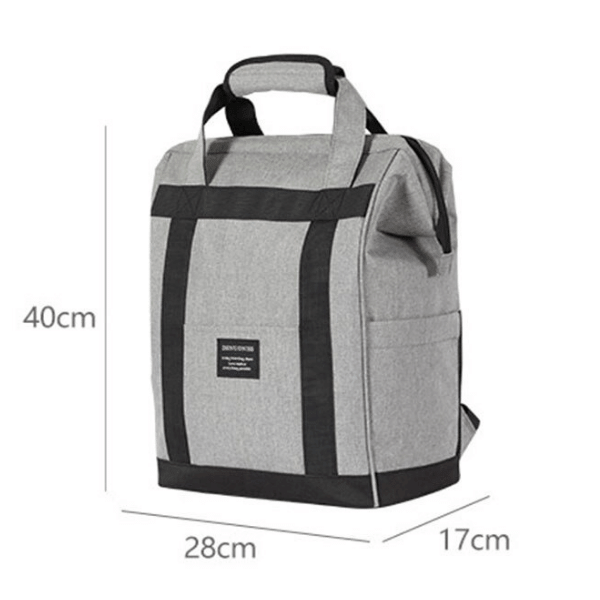 Sac isotherme en tissu gris, dimensions 40 cm de hauteur, 28 cm de largeur et 17 cm de profondeur, idéal pour transporter des aliments et des boissons au frais.