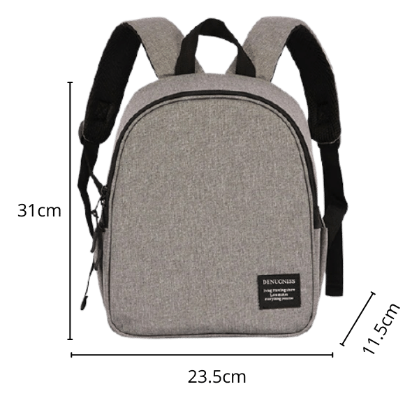 Sac à dos isotherme gris, dimensions 31 cm x 23,5 cm x 11,5 cm, idéal pour transporter des repas et boissons tout en les maintenant à la bonne température.