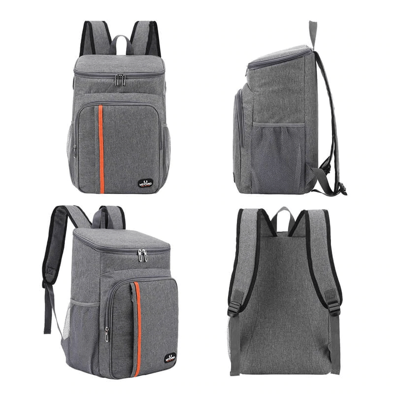 Sac à dos isotherme en polyester gris avec poches extérieures et fermeture éclair, idéal pour conserver la température des aliments et des boissons.