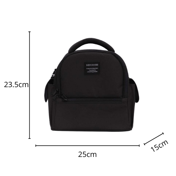 Sac isotherme noir avec une capacité de 23,5 cm de hauteur, 25 cm de largeur et 15 cm de profondeur, idéal pour conserver les aliments et boissons au frais.
