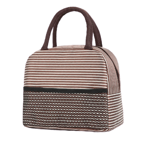 Sac isotherme à rayures marron et beige, avec des anses pour un transport facile et un compartiment zippé à l'avant pour un rangement pratique.