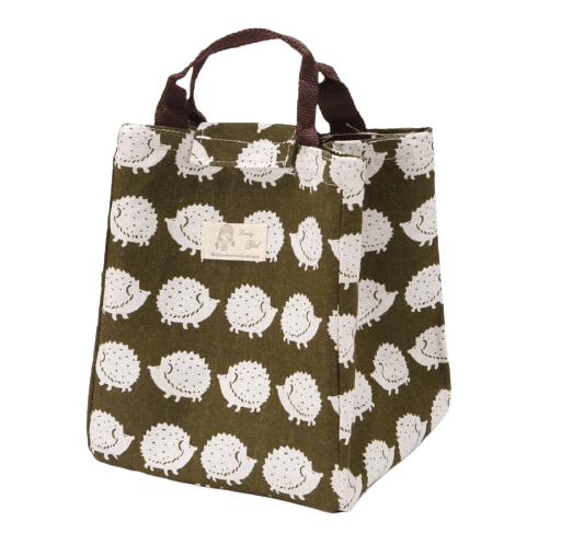 Sac isotherme en tissu avec motif de hérissons, conçu pour conserver la température des aliments et des boissons, idéal pour les pique-niques et les sorties.