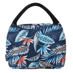 Sac isotherme à motif de feuilles tropicales, idéal pour le transport de repas et de boissons, avec une poignée confortable et une isolation efficace.