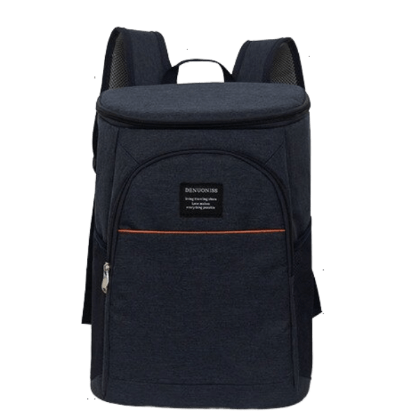 Sac à dos isotherme en tissu noir, conçu pour maintenir la température des aliments et des boissons, avec une poche avant zippée et des bretelles ajustables pour un transport confortable.