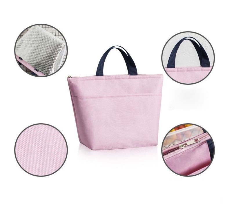 Sac isotherme rose avec poignées, conçu pour maintenir la température des aliments, en matériau résistant et facile à nettoyer, idéal pour les pique-niques et les sorties.