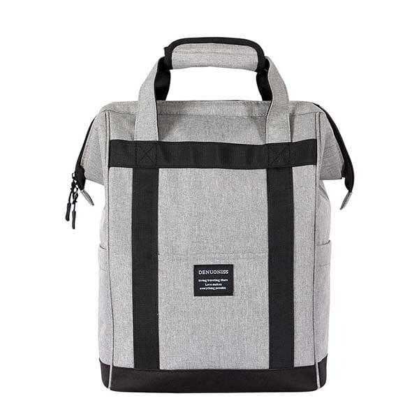 Sac isotherme gris avec poignées et zip, conçu pour garder les aliments et boissons au frais, idéal pour les pique-niques et les sorties.