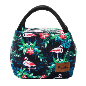 sac isotherme motif tropical avec flamants roses et anses noires, idéal pour le transport de repas et boissons, design élégant et pratique