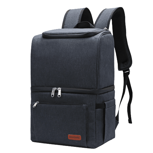 sac à dos isotherme en tissu noir, conçu pour garder les aliments et boissons au frais, avec plusieurs poches de rangement et des bretelles rembourrées pour un confort optimal.