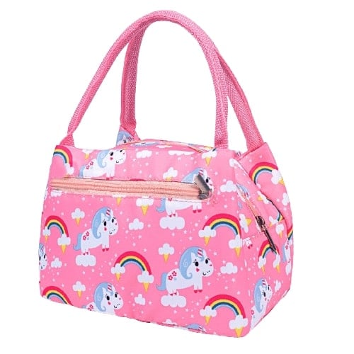 Sac isotherme rose avec motifs de licornes et d'arc-en-ciel, idéal pour garder les aliments et boissons au frais.