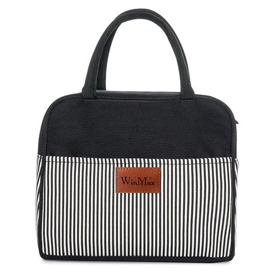 Sac isotherme noir et rayé, idéal pour le transport de repas, avec poignées pratiques et design élégant.