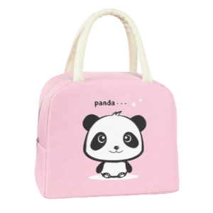 sac isotherme rose avec motif panda, idéal pour garder les aliments et boissons au frais, avec des poignées en tissu pour un transport facile