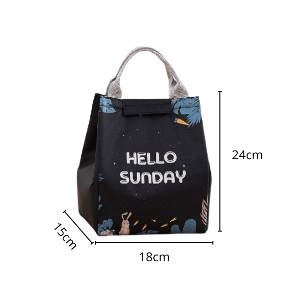 Sac isotherme noir avec motif coloré et inscription "HELLO SUNDAY", dimensions 24 cm de hauteur, 18 cm de largeur et 15 cm de profondeur, idéal pour conserver vos aliments et boissons au frais.