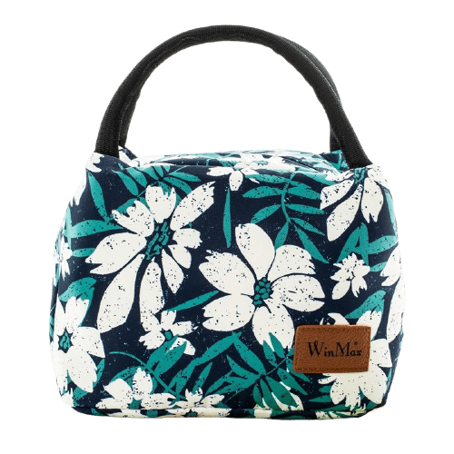 sac isotherme à motif floral bleu et blanc, avec une poignée noire, idéal pour le transport de nourriture et de boissons.