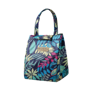 Sac isotherme à motif végétal, idéal pour le transport de repas et de boissons, avec des anses pratiques pour un port facile.