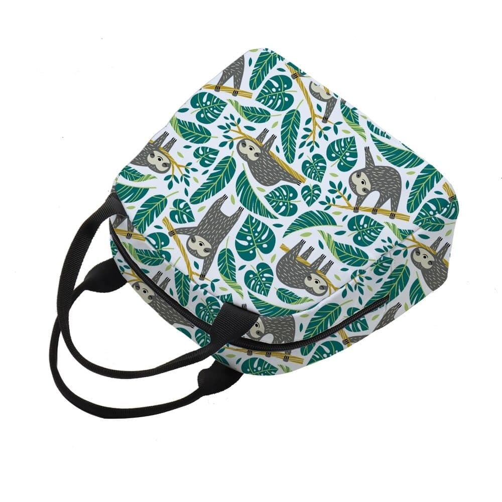 Sac isotherme avec motif de paresseux et de feuilles tropicales, idéal pour le transport d'aliments et de boissons en gardant leur température.