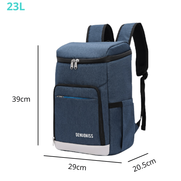 Sac à dos isotherme de 23 litres, dimensions 39 cm x 29 cm x 20,5 cm, conçu pour garder vos aliments et boissons au frais, avec une poche avant et des bretelles confortables.