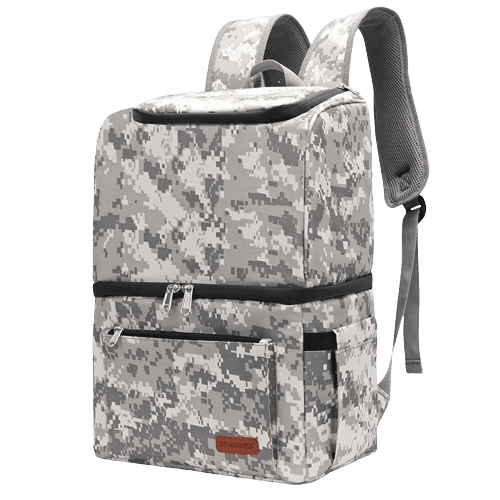Sac à dos isotherme camouflage gris avec compartiments de rangement et bretelles réglables.