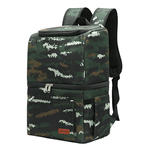 sac à dos isotherme camouflage avec plusieurs compartiments et poches de rangement, idéal pour les sorties en plein air et le transport de nourriture et boissons au frais