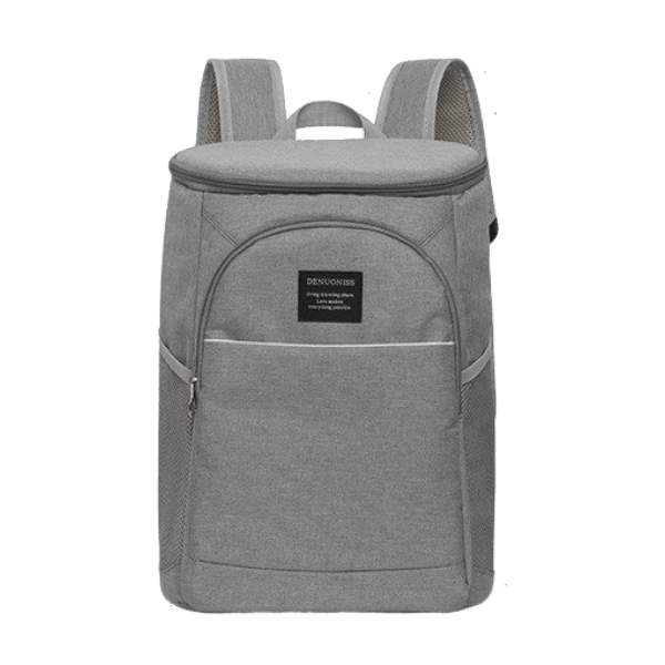 Sac à dos isotherme en tissu gris, conçu pour garder les aliments et boissons à température idéale, avec une poche avant zippée et des bretelles confortables.