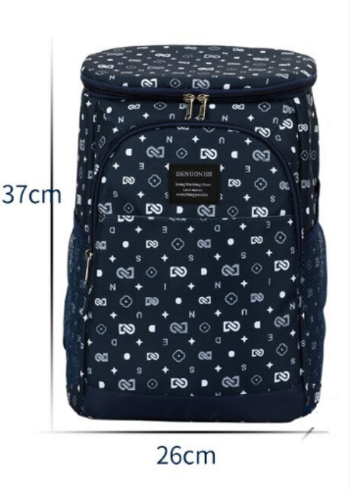 Sac isotherme de couleur bleu marine avec motifs géométriques, dimensions 37 cm de hauteur et 26 cm de largeur, conçu pour maintenir la température des aliments et des boissons.